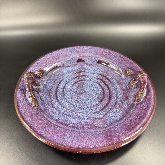 Hand Made Vintage Pottery Dish Tray With Handles Purple Drip Glaze Artist Signed - Picture 14 of 15